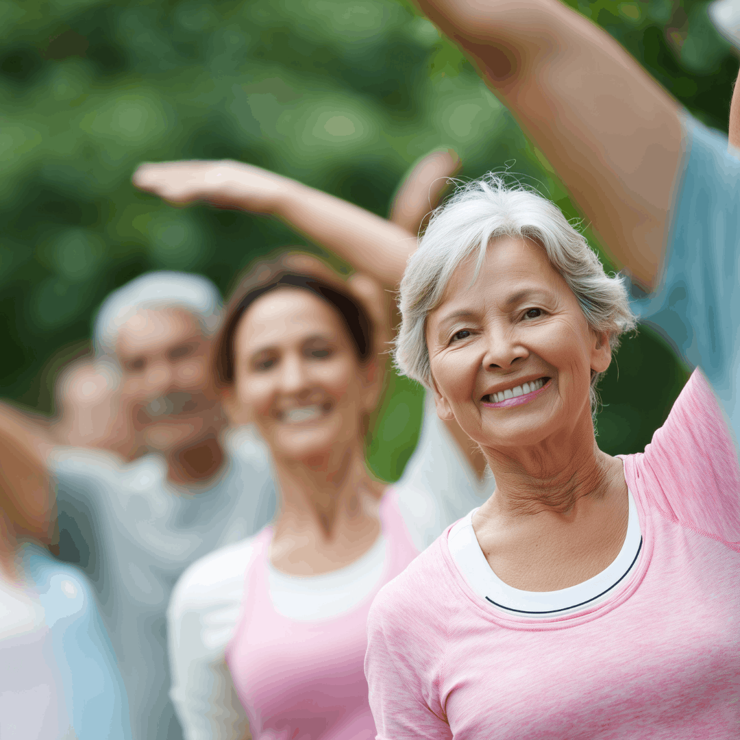 een groep ouderen die met aandacht worden geholpen in een groepsles